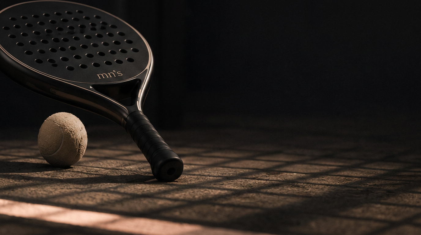 Raquete de padel preta com bola sobre superfície escura