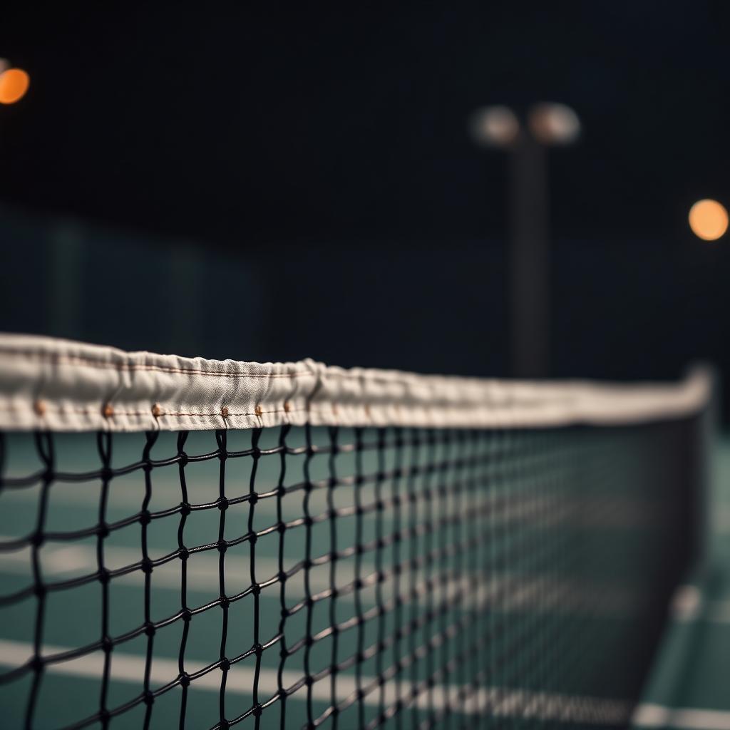 Close-up da rede de padel sob luzes noturnas
